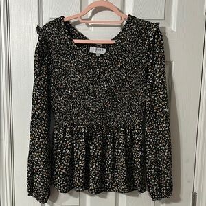 Hayden Black and Tan Ruffled Smocked Floral Peplum Blouse with Bow Detailing